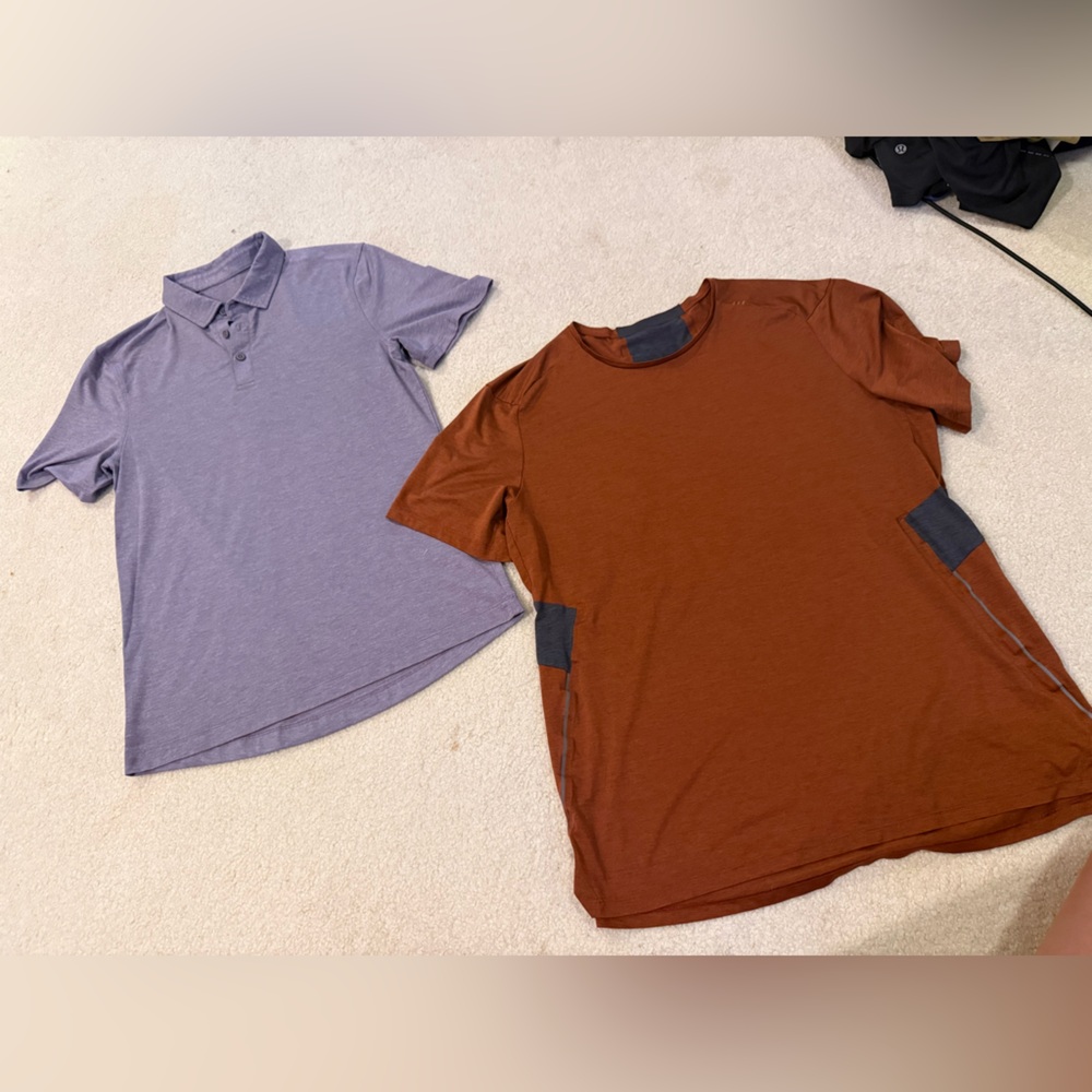 Men’s lululemon medium Purple Polo Shirt and Brown T-Shirt Set VEUC